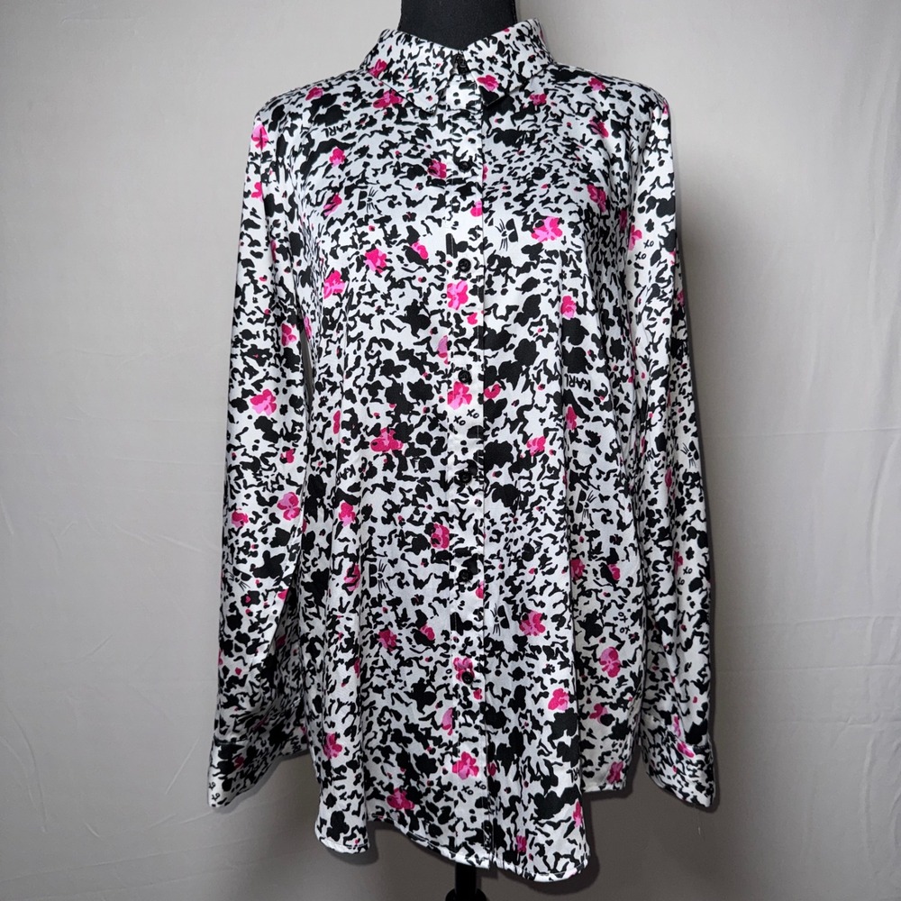 Karl Lagerfeld Paris Womens Pink Black Cat Floral Print Button Down Shirt Medium
